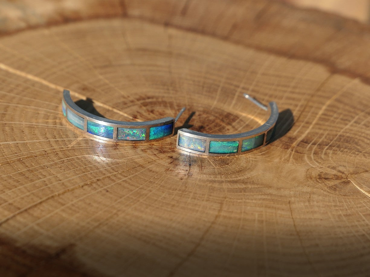 Silver dangle/drop opal hoop inlay earrings