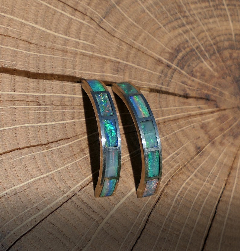 Silver dangle/drop opal hoop inlay earrings
