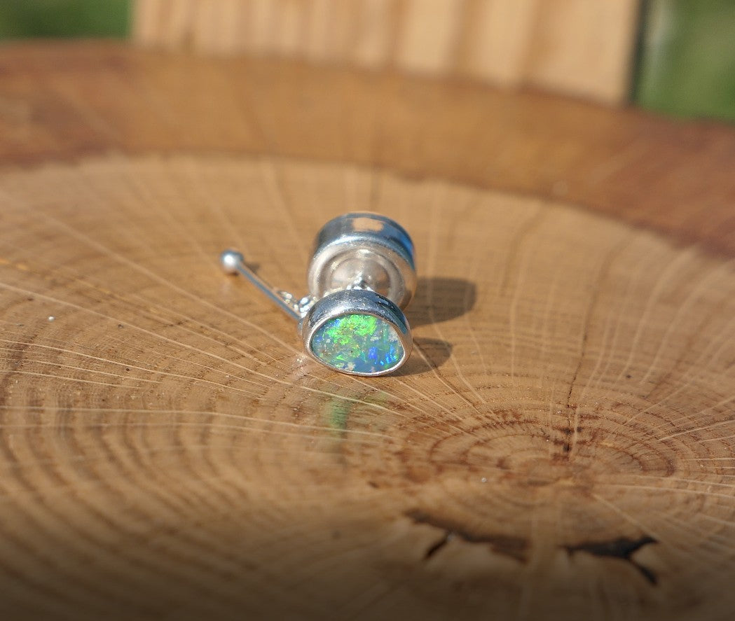 Silver tie tack with Lightning Ridge doublet