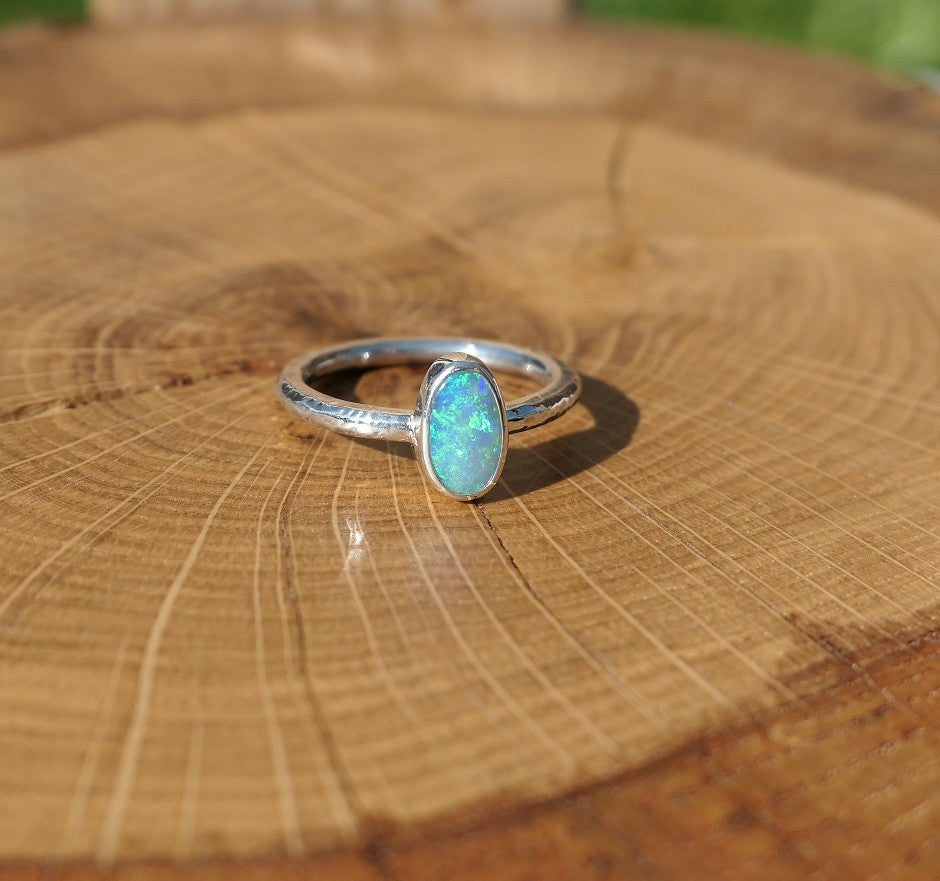 Silver solid opal ring size Q-1/2UK, 8.5US