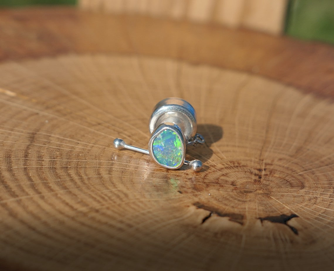 Silver tie tack with Lightning Ridge doublet