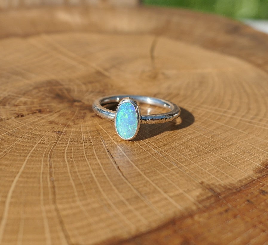 Silver solid opal ring size Q-1/2UK, 8.5US