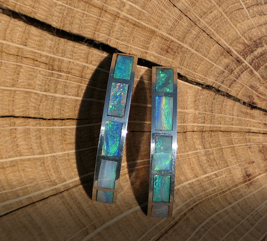 Silver dangle/drop opal hoop inlay earrings
