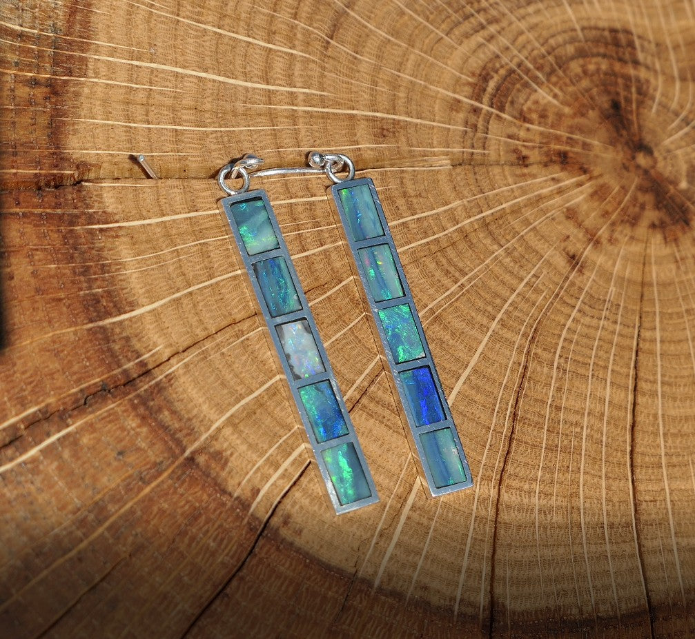 Silver dangle/drop opal inlay earrings