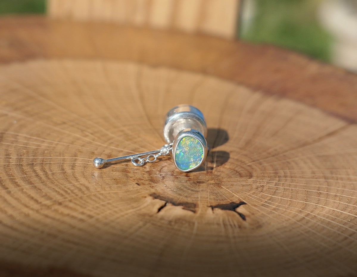 Silver tie tack with Lightning Ridge doublet