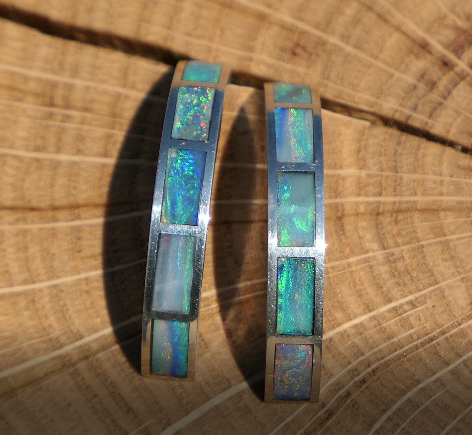 Silver dangle/drop opal hoop inlay earrings