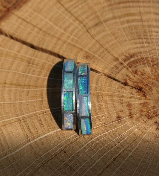 Silver dangle/drop opal hoop inlay earrings