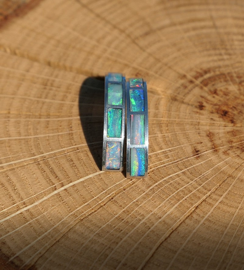 Silver dangle/drop opal hoop inlay earrings