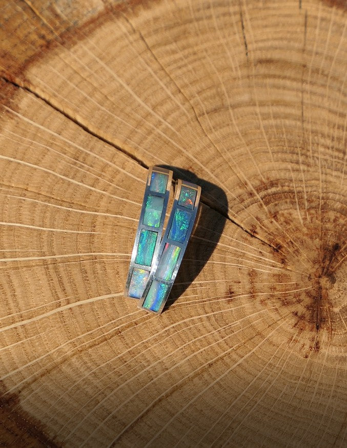Silver dangle/drop opal hoop inlay earrings