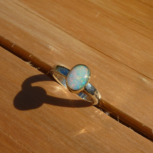 Dainty silver opal ring with 18k gold bezel size J