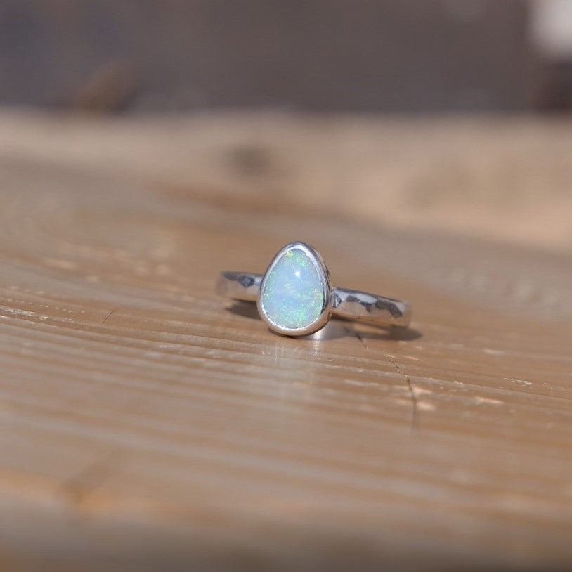 Dainty silver opal ring, size G