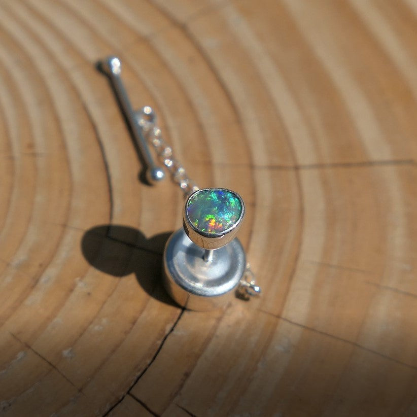 Silver tie tack with beautiful Lightning Ridge crystal opal.