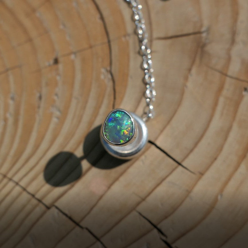 Silver tie tack with beautiful Lightning Ridge crystal opal.