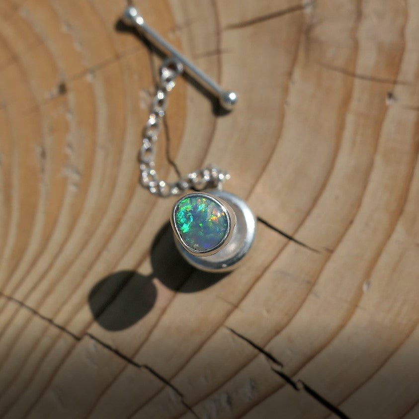 Silver tie tack with beautiful Lightning Ridge crystal opal.