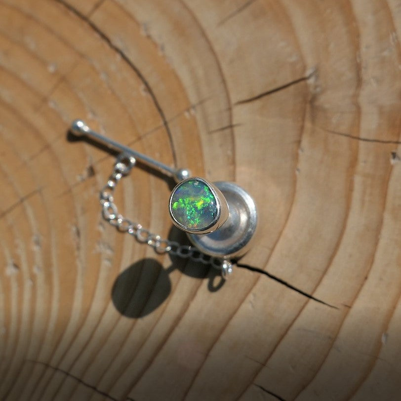 Silver tie tack with beautiful Lightning Ridge crystal opal.