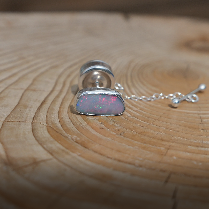 Silver tie tack with Coober Pedy doublet opal, opal is 14x6mm approx.