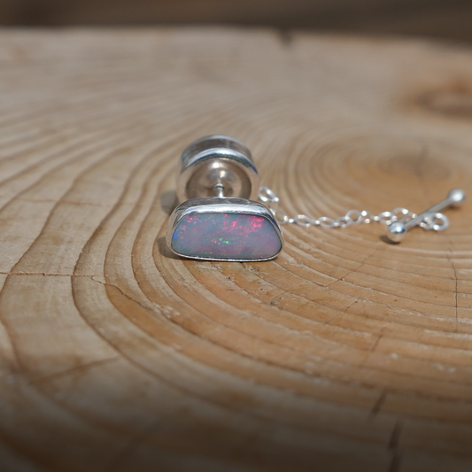 Silver tie tack with Coober Pedy doublet opal, opal is 14x6mm approx.