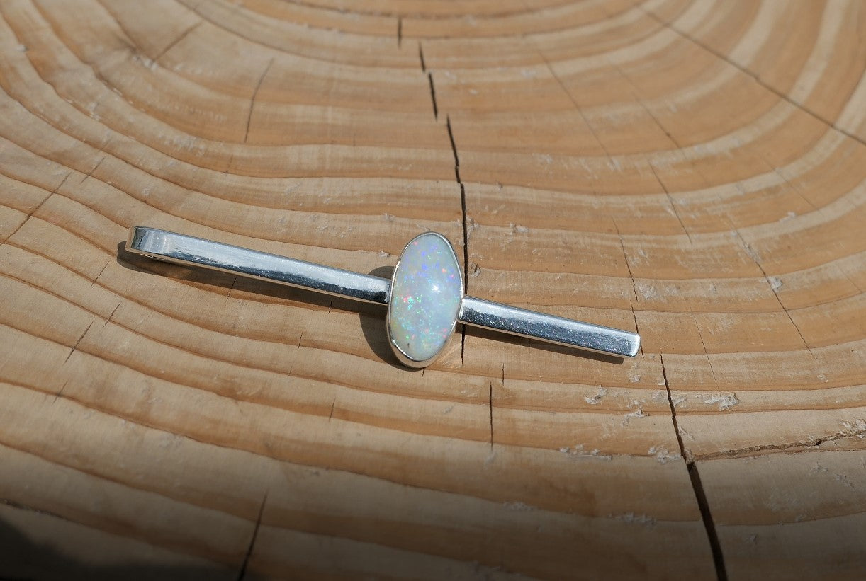 Silver tie slide with bright Coober Pedy grey-ish base opal.