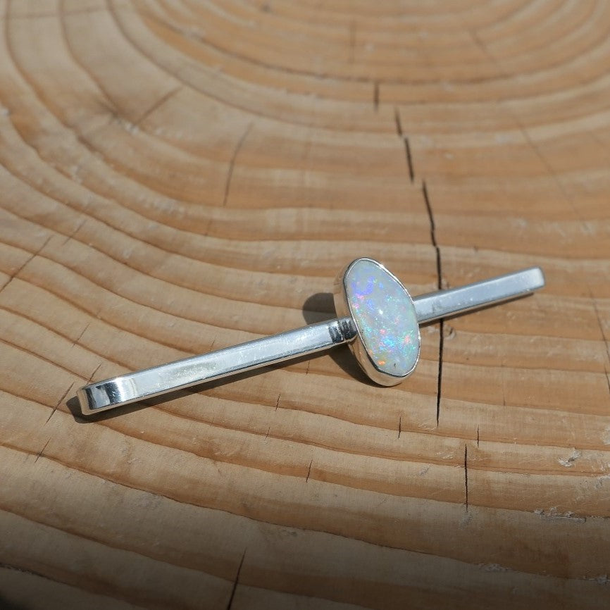 Silver tie slide with bright Coober Pedy grey-ish base opal.