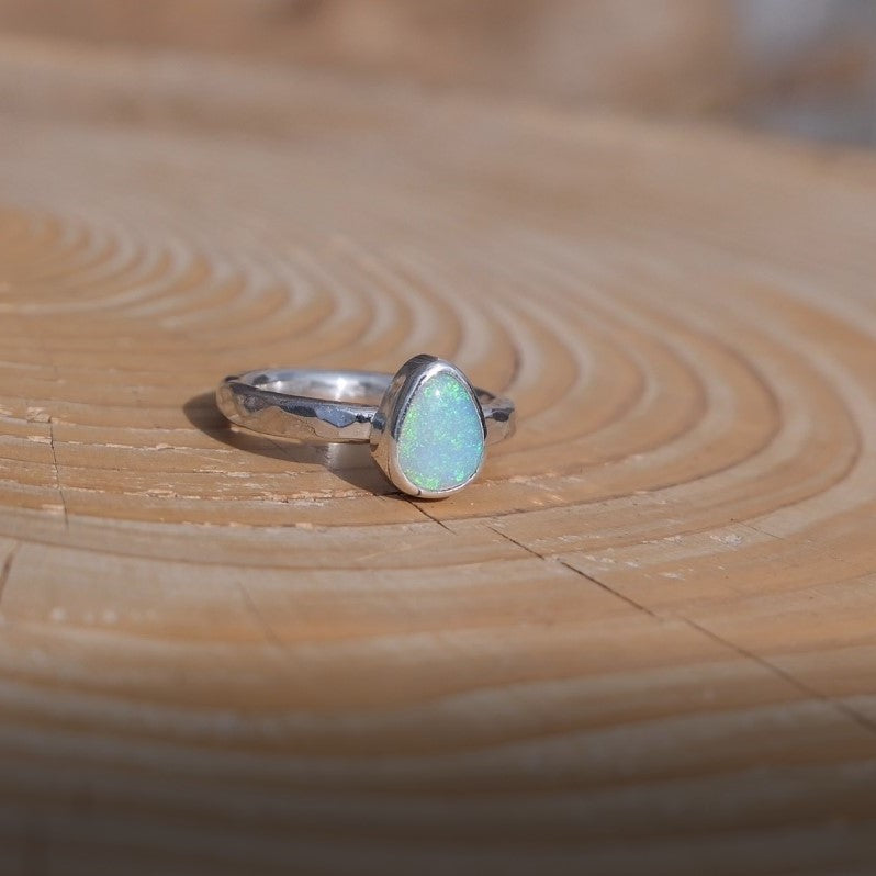 Dainty silver opal ring, size G