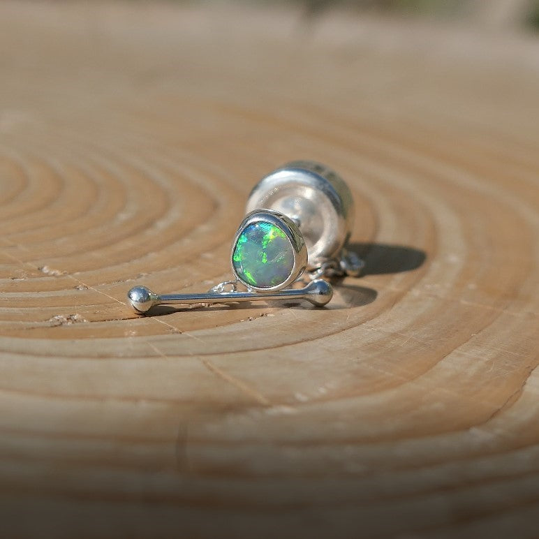 Silver tie tack with beautiful Lightning Ridge crystal opal.