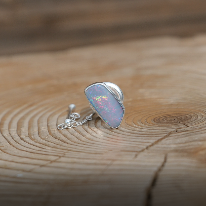 Silver tie tack with Coober Pedy doublet opal, opal is 14x6mm approx.