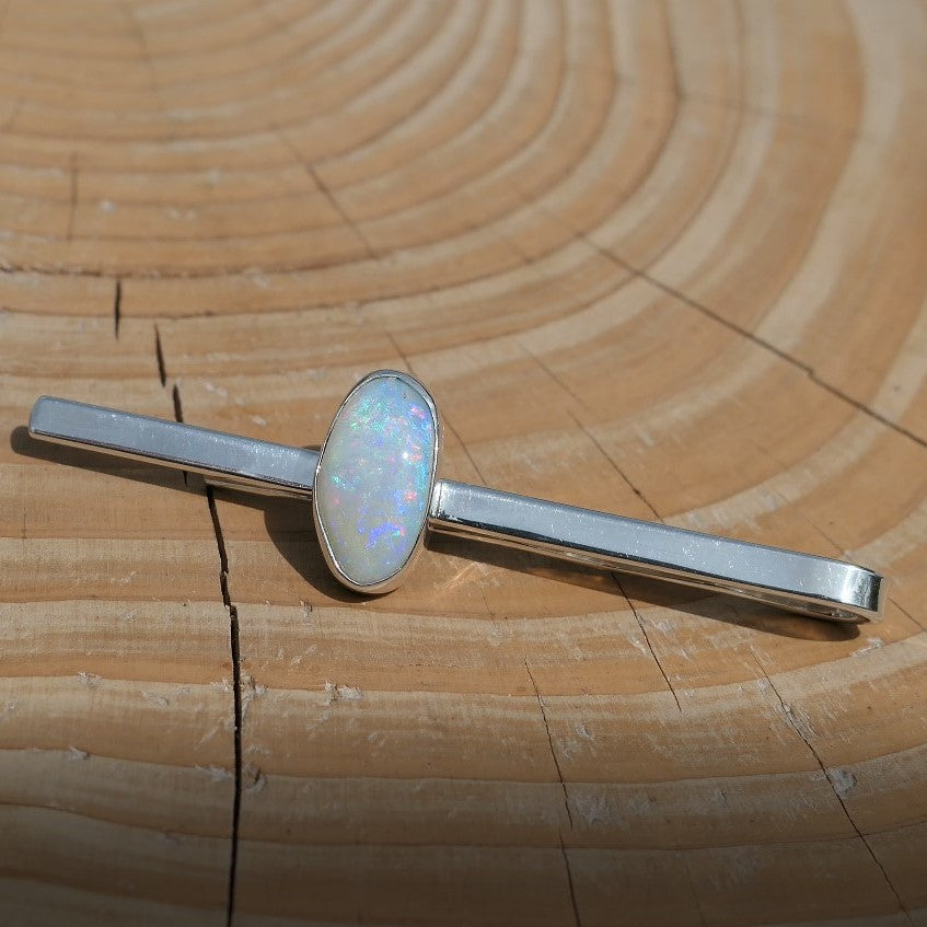 Silver tie slide with bright Coober Pedy grey-ish base opal.