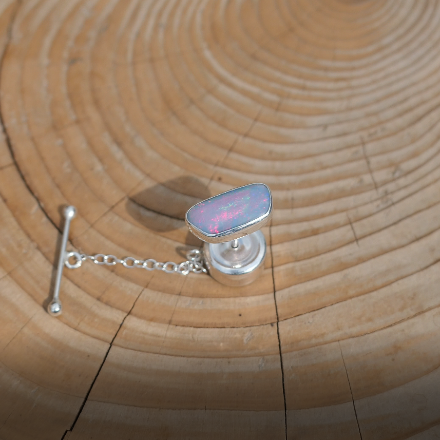 Silver tie tack with Coober Pedy doublet opal, opal is 14x6mm approx.