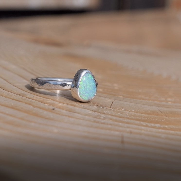 Dainty silver opal ring, size G