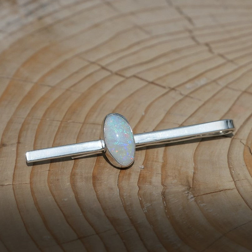 Silver tie slide with bright Coober Pedy grey-ish base opal.