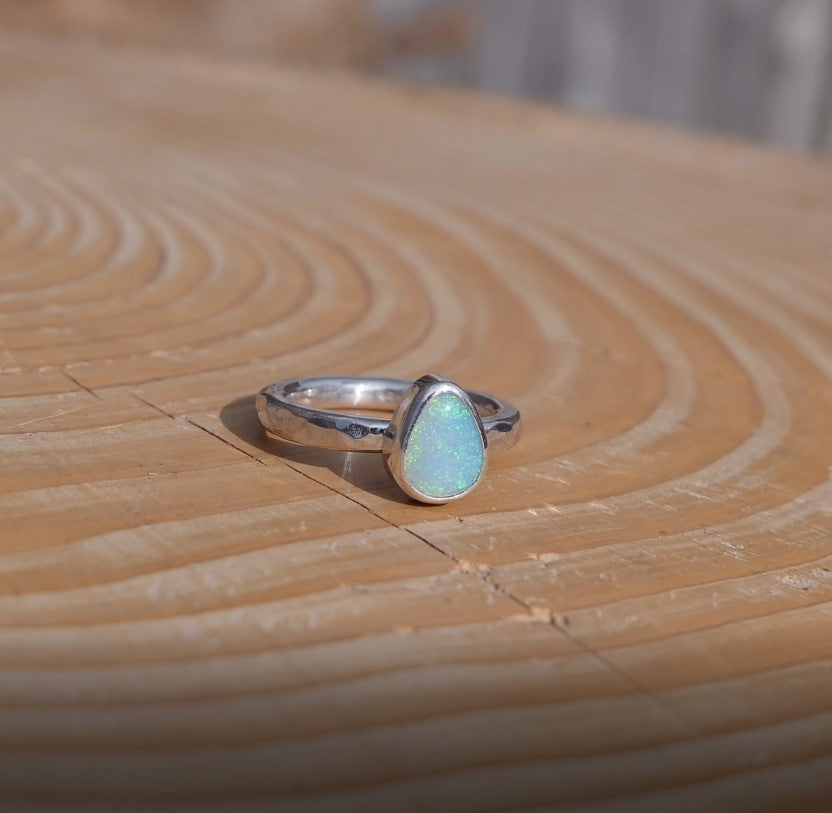 Dainty silver opal ring, size G