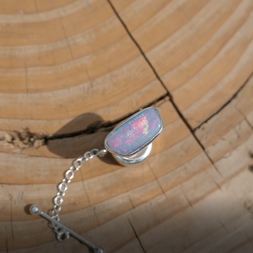 Silver tie tack with Coober Pedy doublet opal, opal is 14x6mm approx.