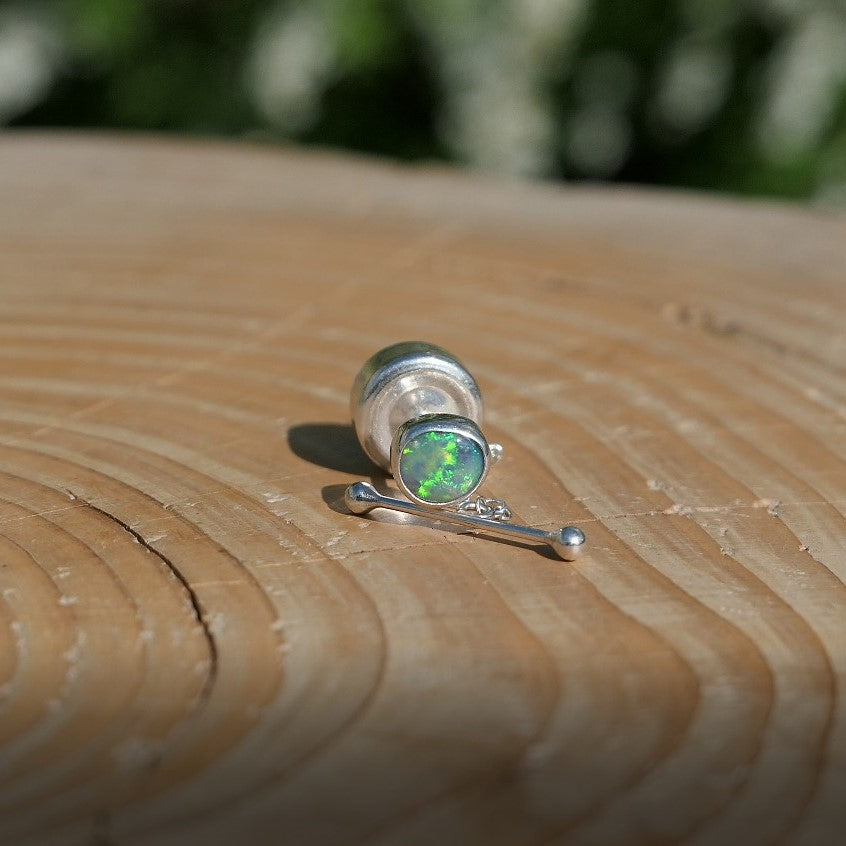 Silver tie tack with beautiful Lightning Ridge crystal opal.