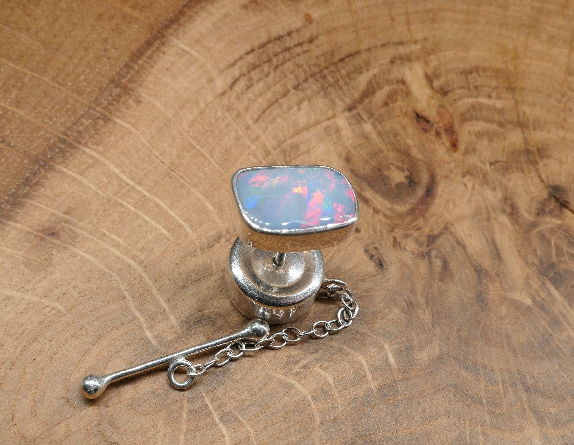 Silver tie tack with a ribbon pattern shell doublet