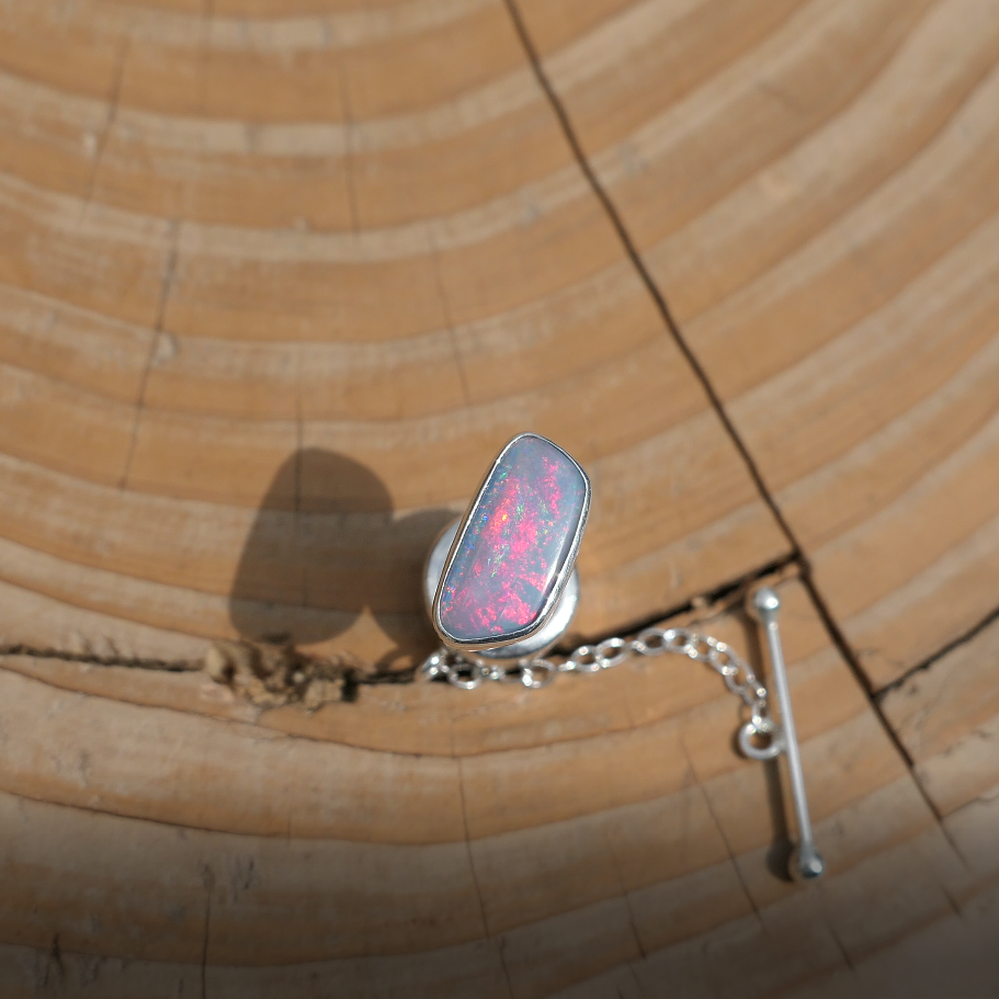 Silver tie tack with Coober Pedy doublet opal, opal is 14x6mm approx.