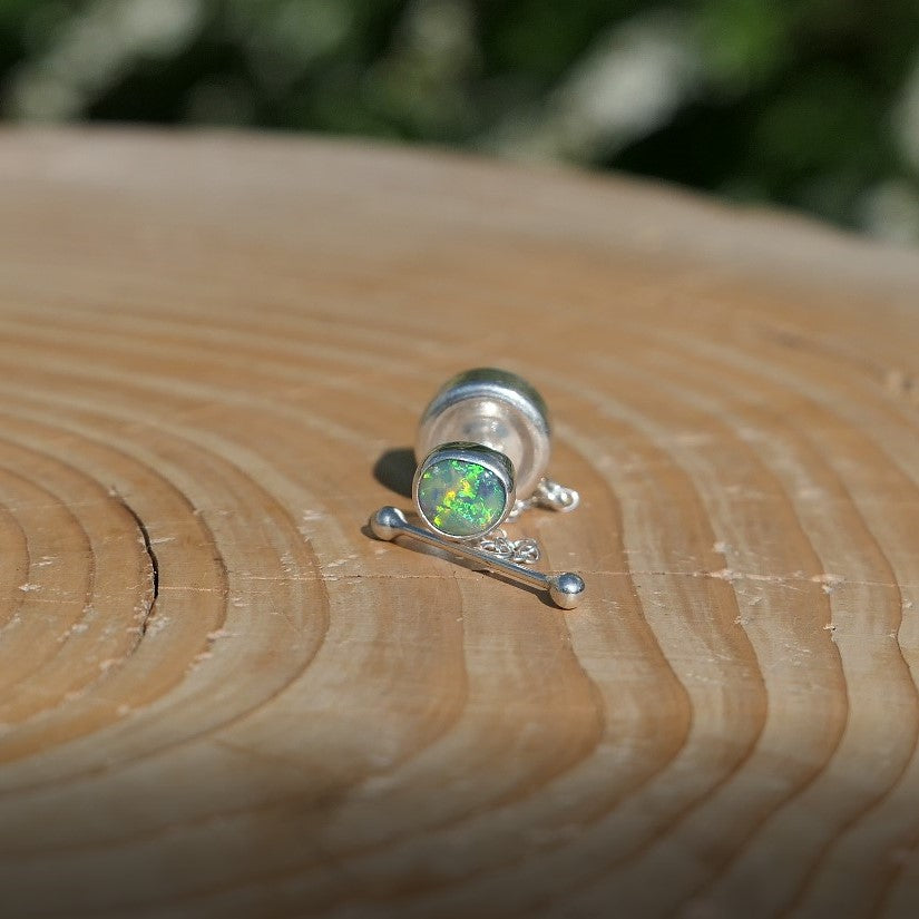 Silver tie tack with beautiful Lightning Ridge crystal opal.