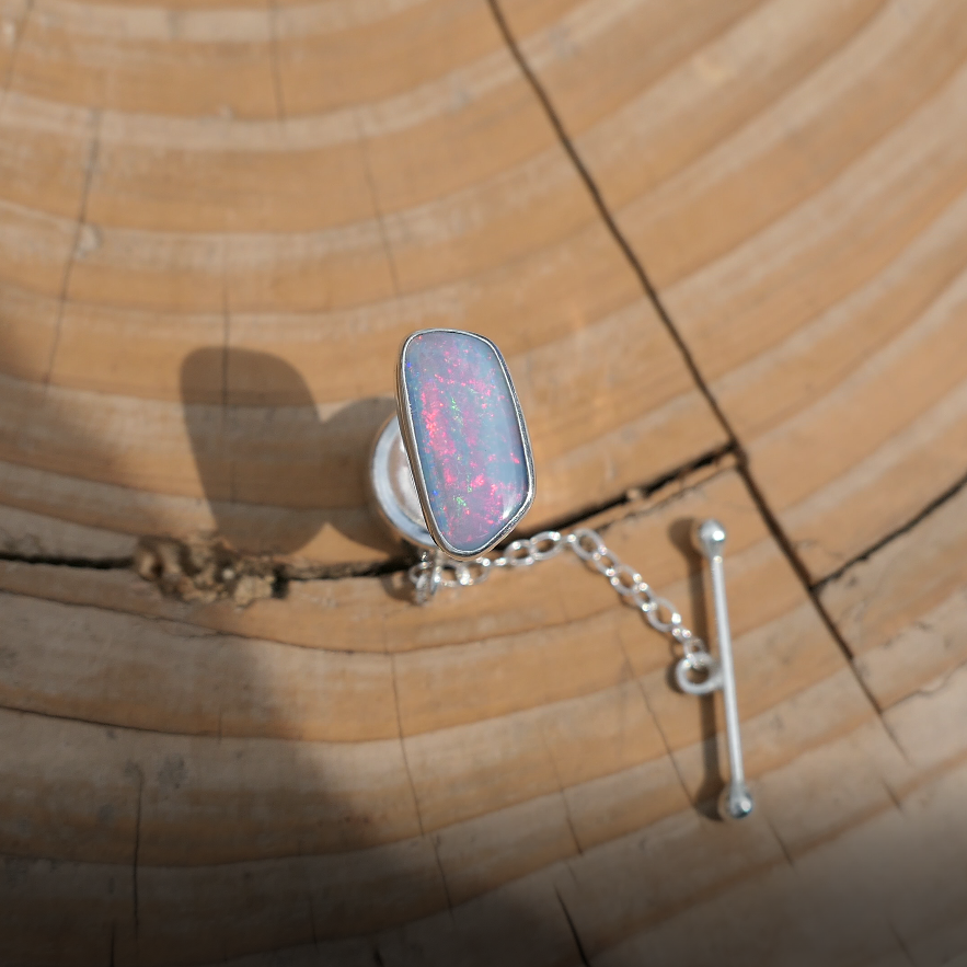 Silver tie tack with Coober Pedy doublet opal, opal is 14x6mm approx.