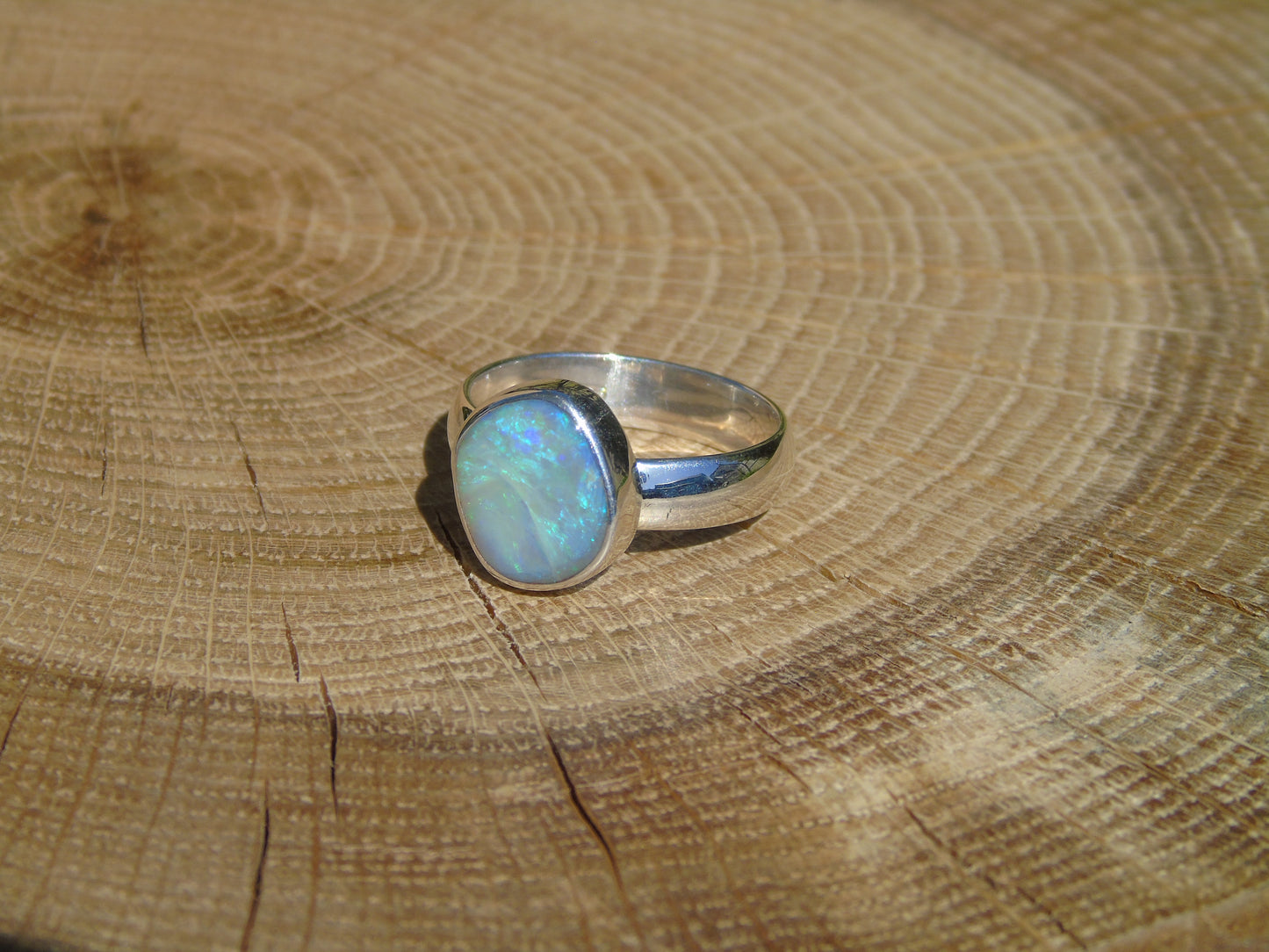 Chunky silver Opal ring, size R