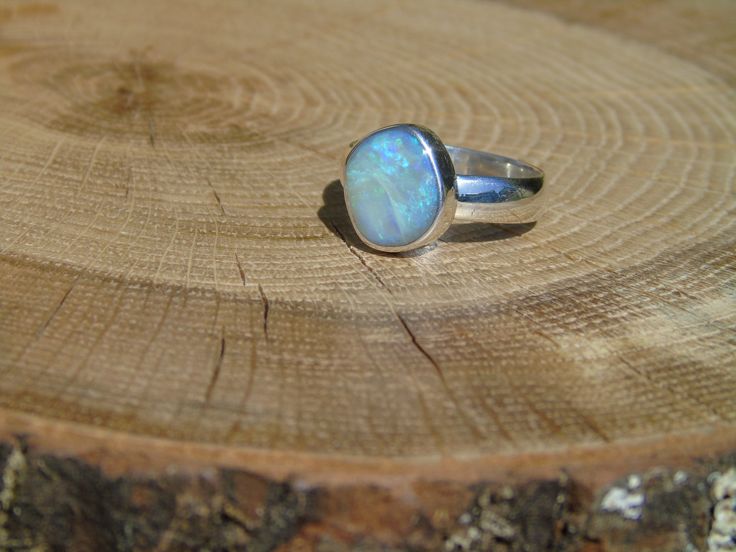 Chunky silver Opal ring, size R