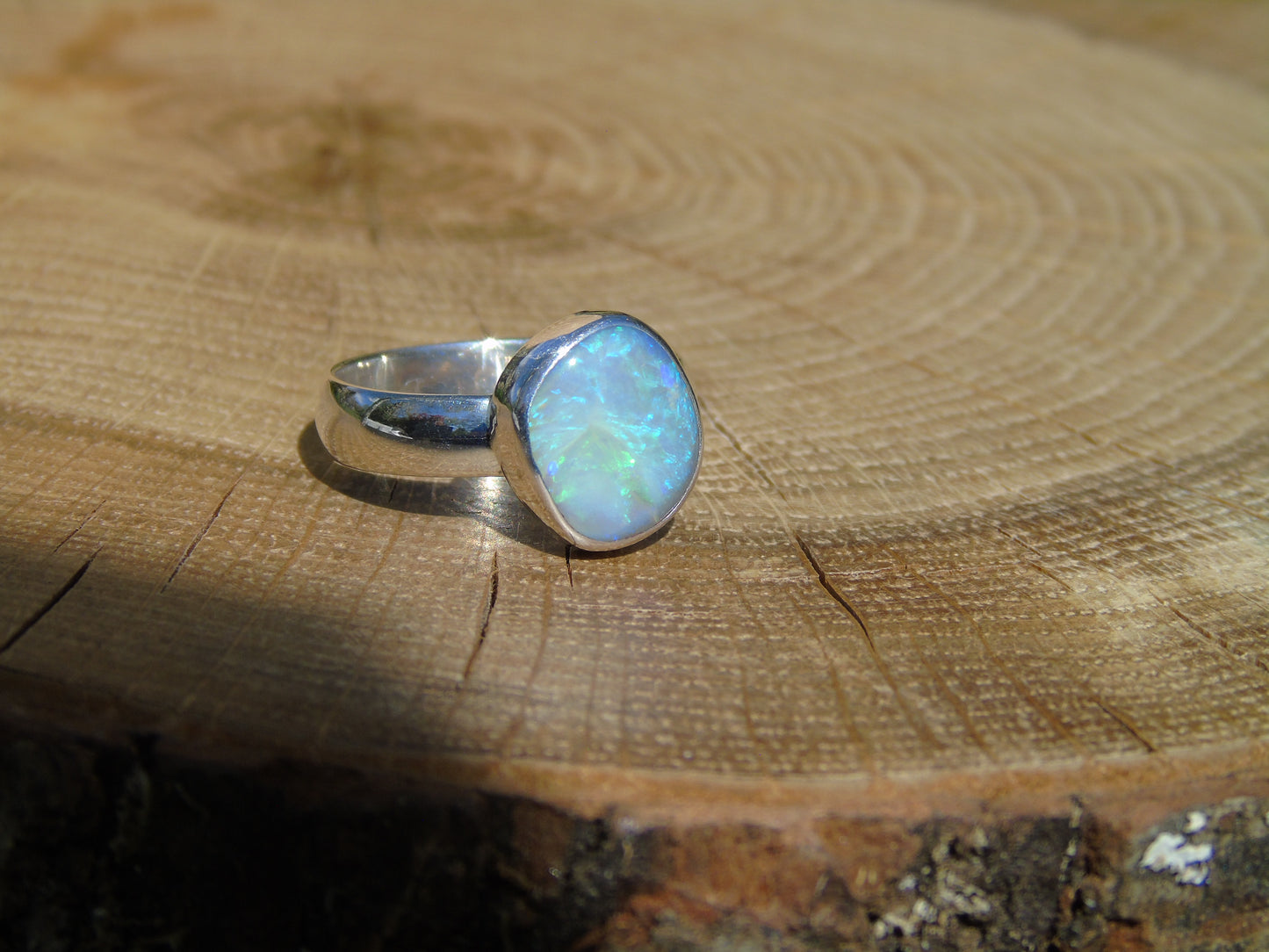 Chunky silver Opal ring, size R