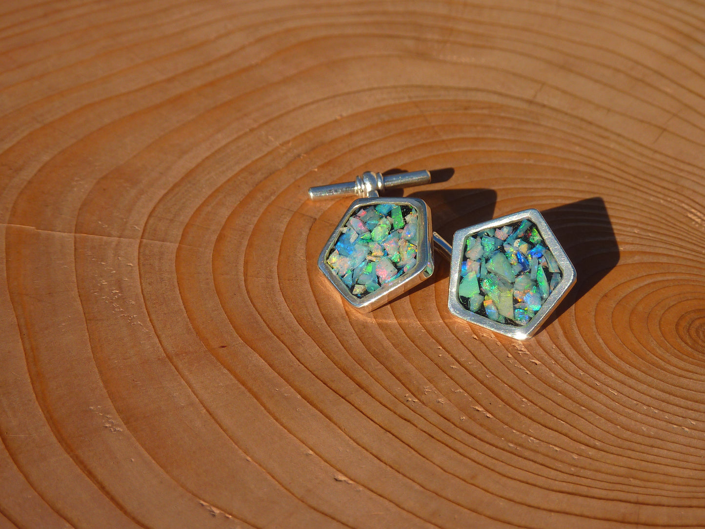 Solid silver heavyweight pentagonal cufflinks with chain and bar.