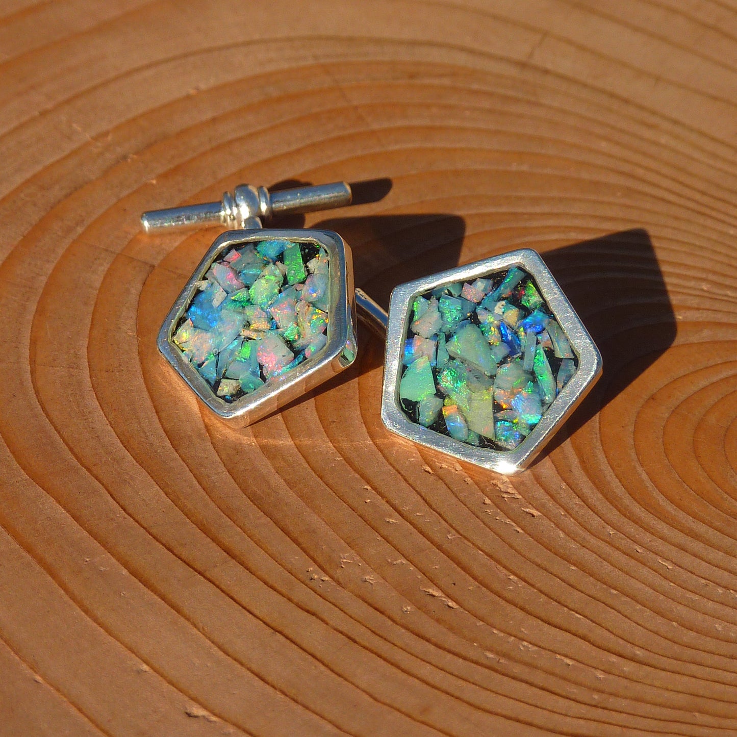 Solid silver heavyweight pentagonal cufflinks with chain and bar.