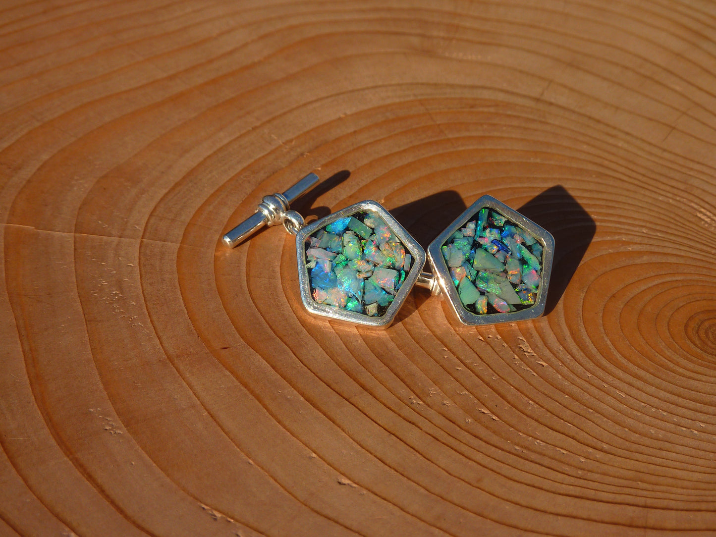 Solid silver heavyweight pentagonal cufflinks with chain and bar.