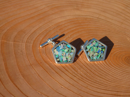 Solid silver heavyweight pentagonal cufflinks with chain and bar.