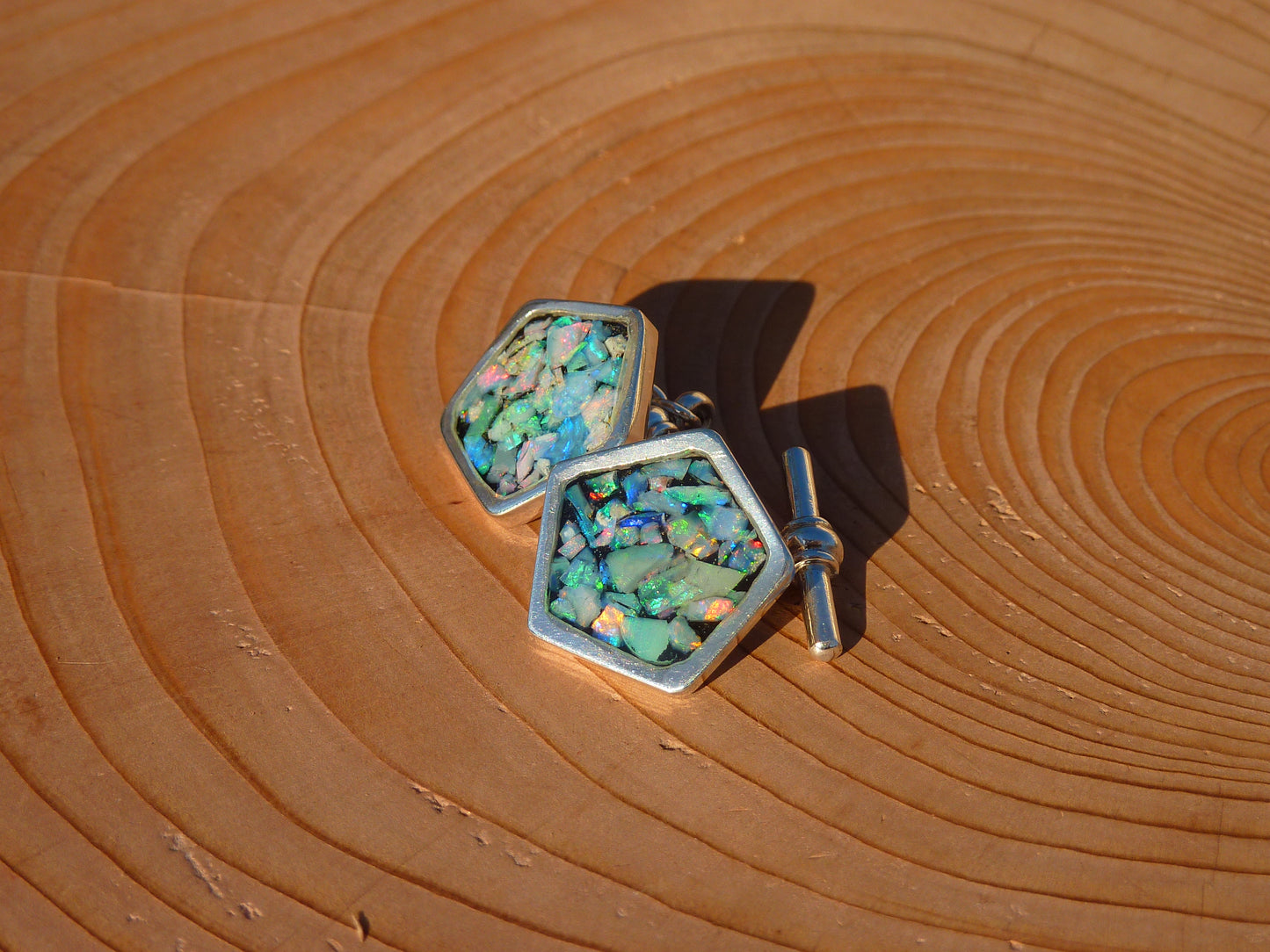 Solid silver heavyweight pentagonal cufflinks with chain and bar.