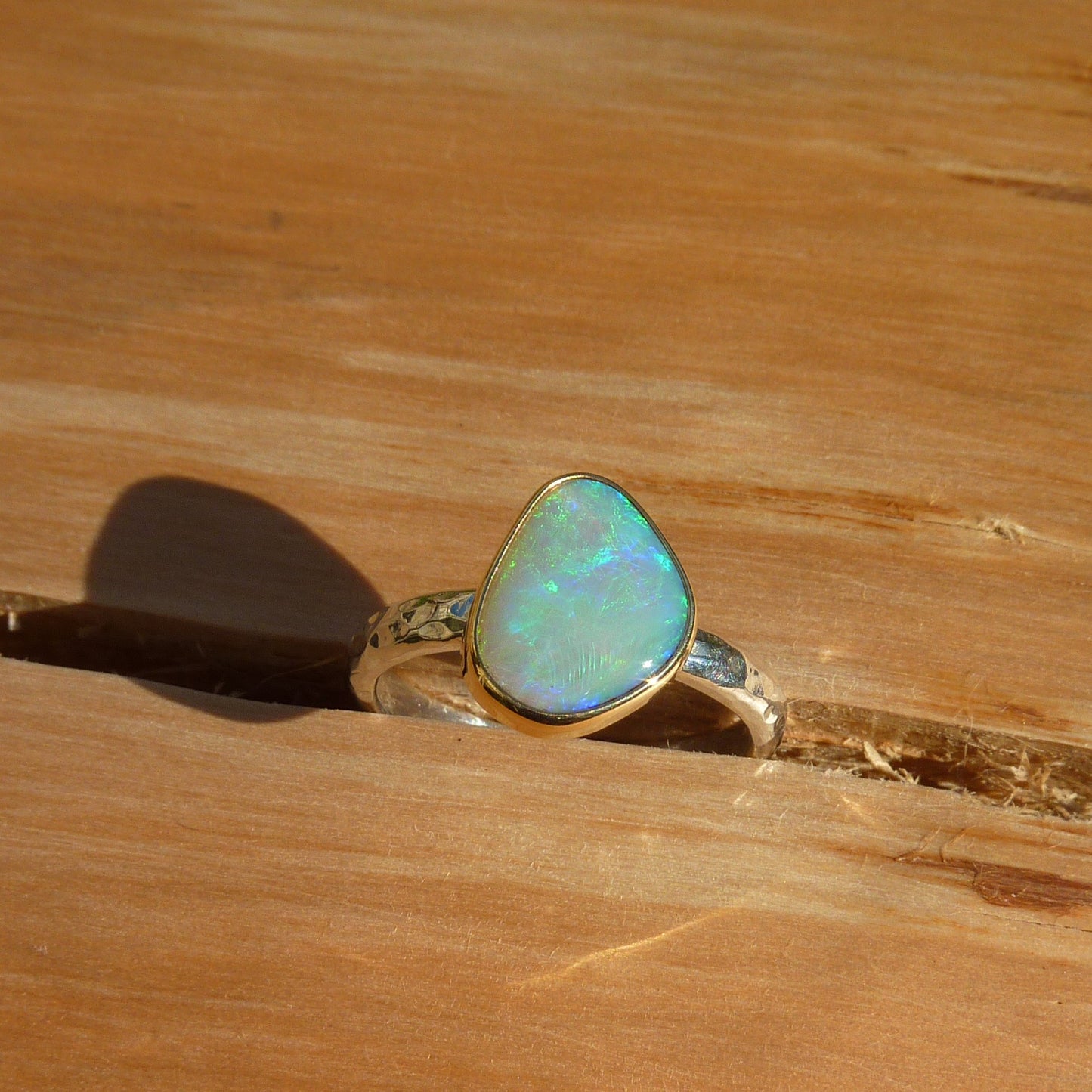 Size 9 silver opal ring with 18k gold bezel