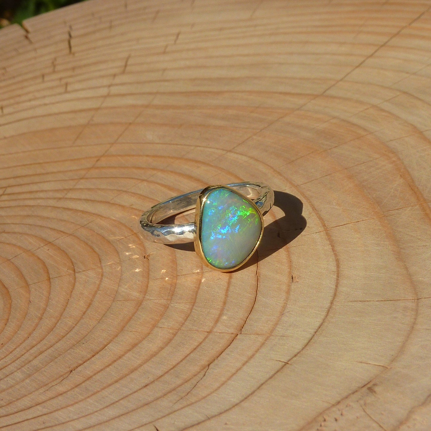 Size 9 silver opal ring with 18k gold bezel