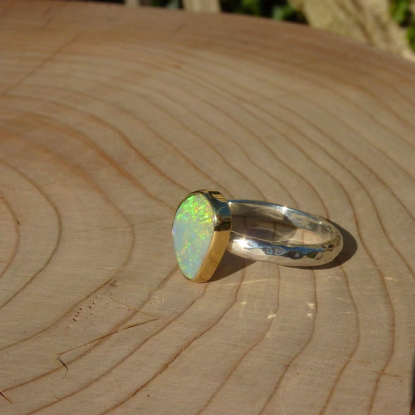 Size 9 silver opal ring with 18k gold bezel