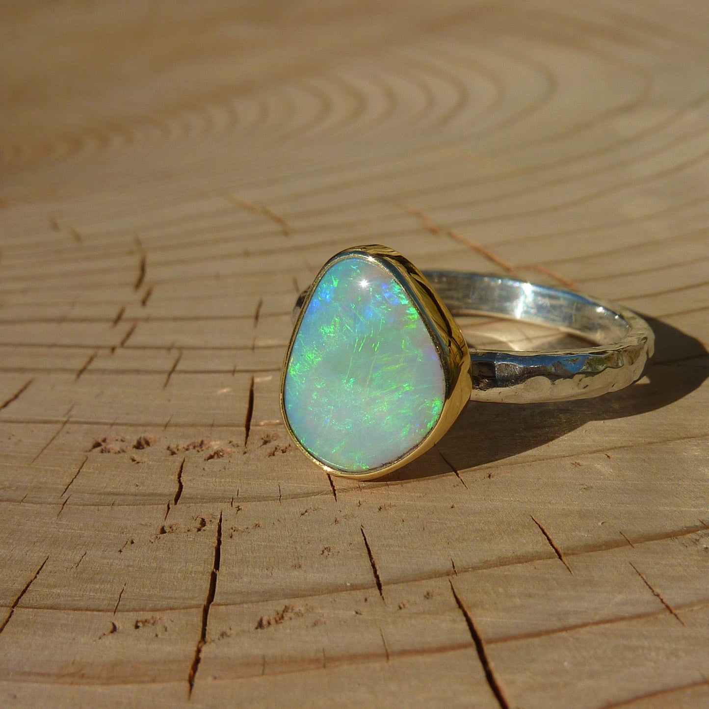 Size 9 silver opal ring with 18k gold bezel