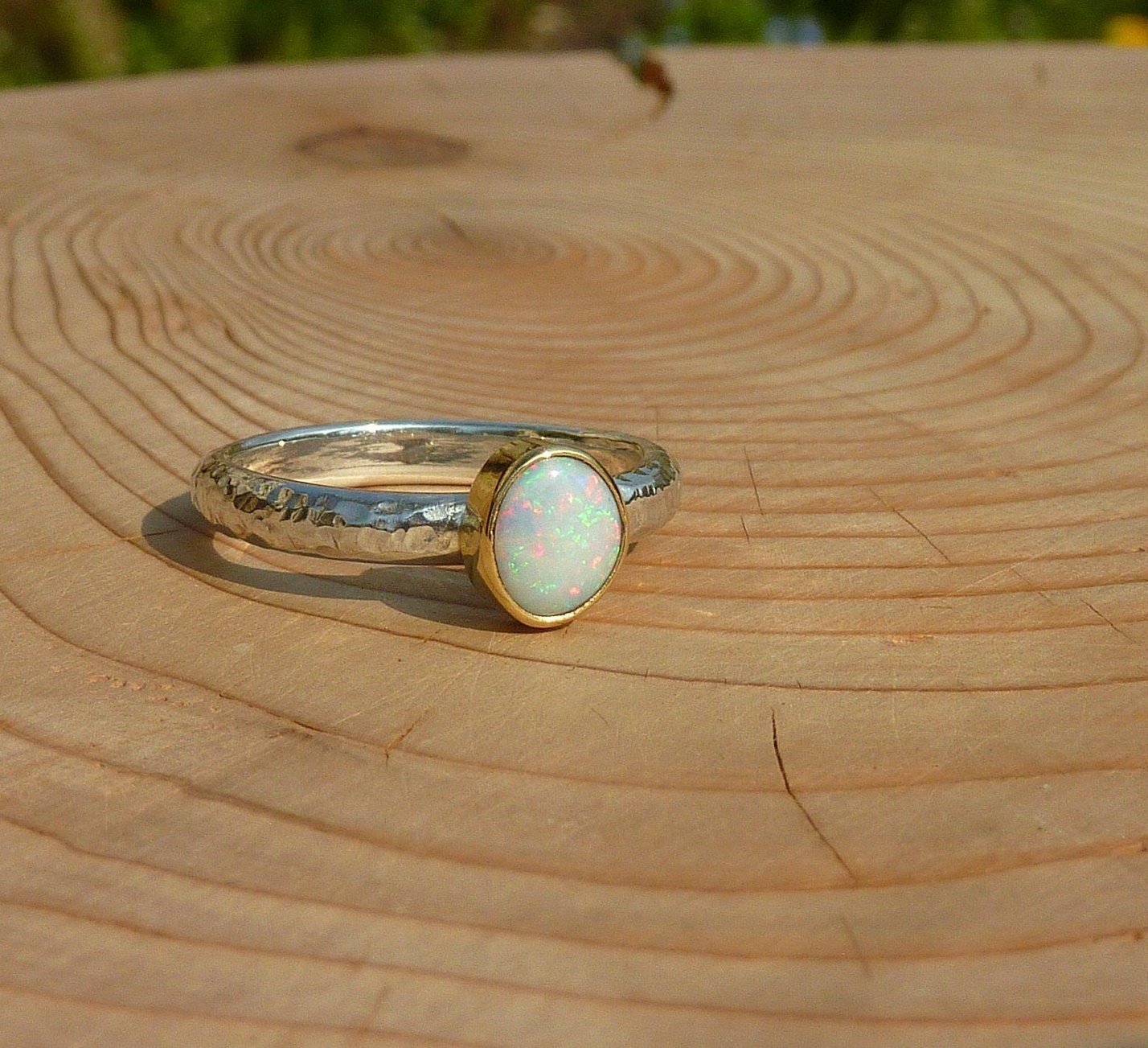 Coober Pedy opal ring with 18k gold bezel